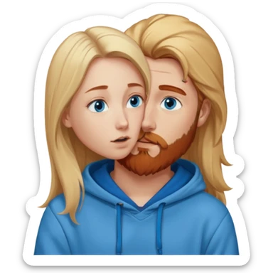 Long-pale-blonde hair, beautiful girl with blue eyes-wearing a light blue hoodie, facing, kissing reddish-brownish hair and beard boy blue eyed white guy in a dark blue hoodie sticker