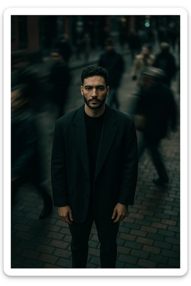 overhead shot of me standing still on a brick city sidewalk, wearing a dark oversized blazer,
motion-blurred crowd rushes past around me. Moody lighting, 35mm film look, shallow depth of field, sharp focus on me. sticker
