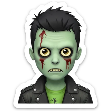 Hombre zombie de piel verde con chaqueta de cuero punk, pelo corto negro sticker