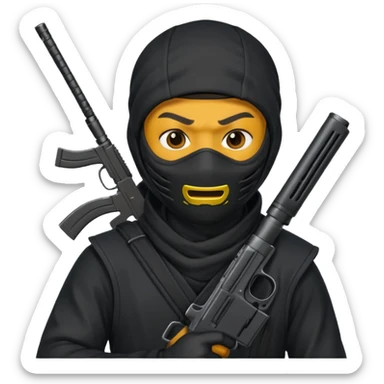 A black male in a ninja mask with a gun sticker