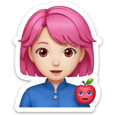 Teto Kasane emoji, apple style, pink twin-drill hair, red eyes, blue outfit, cheerful expression sticker