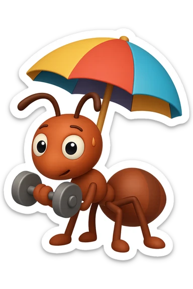 EMOJI STILE IPHONE 3D DI una formica che si allena sotto l'ombrellone in spiaggia con un manubrio da palestra in mano, fagli anche la parte bianca degli occhi, non solo la pupilla sticker