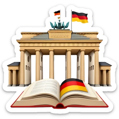 An icon featuring the Brandenburg Gate and the big flag of Germany, symbolizing the German language. The design includes an open book with German text representing language learning and German culture. Transparent background highlights the essence of German heritage. sticker