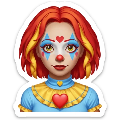 wendy thomas  the clown from gta rp nopixel she has a blue sun on covering right eye with three yellow lines below her right eye and above her left eye. she has long bright red hair and light blue eyes with a heart choker sticker