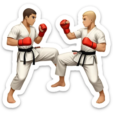 Round emblem symbolizing striking martial arts. The emblem features two fighters in dynamic stances, one delivering a powerful punch while the other defends with a block. In the center, a stylized fist and foot crossed to represent the essence of striking.  sticker