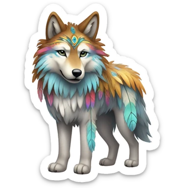 Fluffy Shy Colorful Spiritual Shamanic Wolf With Shiny Tribal Markings wearing feathers Full Body sticker