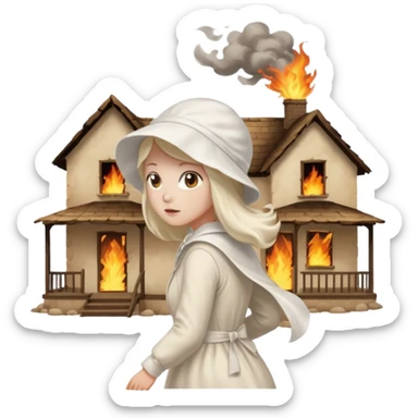 handmaids tale style woman burning house down walking away from house. shes wearing the nun hands maid tale hat cant see her face sticker