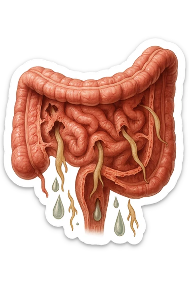 Realistic medical image of microscopic parasites leaving the intestines after taking natural kinesiological drops, symbolizing detox and cleansing. sticker