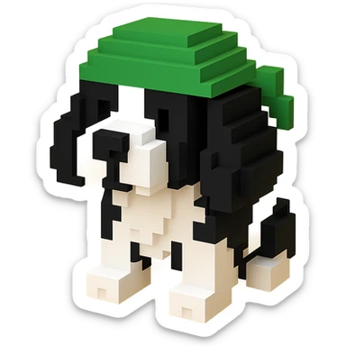 A black and white Russian Cocker Spaniel puppy wearing a green durag, voxel style, facing forward sticker