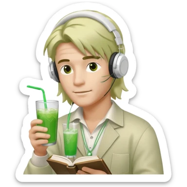 Male with mullet with white string wired headphones, a green drink, reading a book sticker