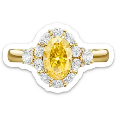 “Yellow oval diamond ring with a white diamond halo on a gold band, elegant and detailed.” sticker