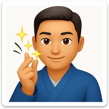 Change the man's jacket to a blue color, keep the dynamic finger snap motion and emoji style sticker