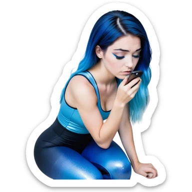 Disapponted-big tears-head back texting on phone-very very large upper body-sexy face-bending forward at waist-very long very straight dark blue to light blue ombre hair-and-blue eyes-thick black eyeliner-long eyelashes-iridescent blue lowcut tanktop with black leggings with glitter superman logo sticker