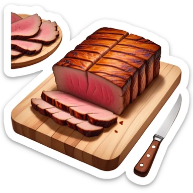 Cinematic smoked brisket, deep mahogany crust, perfectly sliced to reveal juicy marbled meat, warm smoky aroma, served on a wooden board, rich and flavorful, ultra-detailed and appetizing. sticker