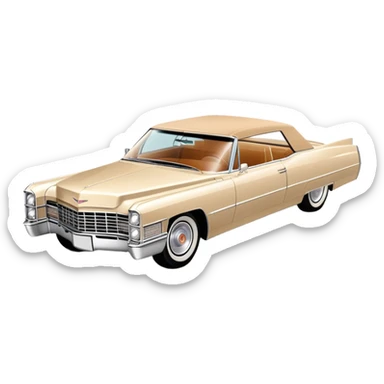 Extremely minimalist beige 1966 Cadillac DeVille, bare essential details, simple geometric shapes, 30-degree angle, Once Upon a Hollywood inspired, iOS emoji style sticker