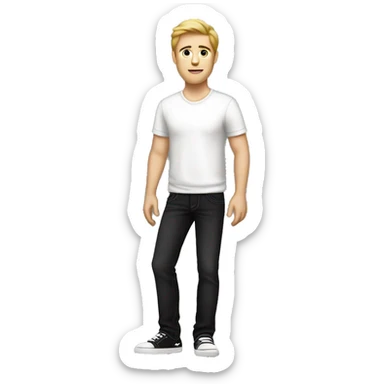 a white guy in his 20s with black jeans and a white shirt with a black side view sedan behind him sticker