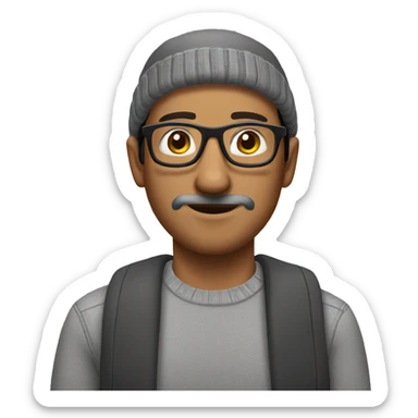 mexican man, with patchy beard, glasses, beanie, gray shirt sticker