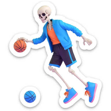 short skeleton with blue jacket, black basketball shorts, light pink slippers, blue glowing left eye sticker