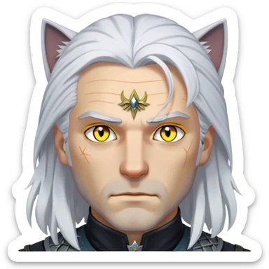 Geralt of Rivia with white hair, yellow cat eyes, and witcher medallion sticker