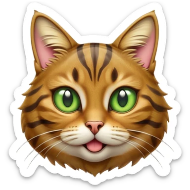 Cinematic Comical Brown Tabby Cat Portrait Emoji, Head tilted dramatically with an exaggeratedly shocked or offended expression, rich brown fur with bold dark tabby stripes, wide piercing golden-green eyes filled with exaggerated disbelief, Simplified yet hilariously expressive features, highly detailed, glowing with a slightly sassy glow, high shine, dramatic yet playful, stylized with an air of attitude, bright and endearing, soft glowing outline, capturing the essence of a sassy and over-the-top feline, so meme-worthy it feels like it could side-eye its way into internet fame instantly! sticker