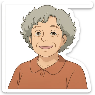 ghibli style smiling 50 year old lady with silver curly hair sticker