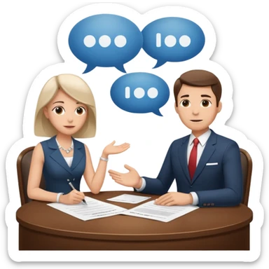 Two people sitting at a table with a large contract or paper between them and speech bubbles above, symbolizing negotiation and agreement signing. sticker