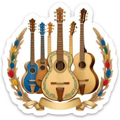 Create a complex, ceremonial, and professional emoji resembling a coat of arms, symbolizing plucked string instruments. The design should feature a combination of elements such as the necks and fretboards of various plucked string instruments like guitars, harps, and mandolins. The strings should be clearly visible, and the frets should be detailed. Intertwining with the instruments, there should be a flowing ribbon of musical notes, curving elegantly around the instruments and connecting them. The colors should include golden metallic tones, warm wood finishes, and silver accents to emphasize the professional and festive nature of the design. The background should be regal, using subtle textures or patterns to give a sense of grandeur, while keeping the instruments and notes as the focal point. The design should evoke a sense of celebration and sophistication, reflecting the rich tradition of plucked string instruments. sticker