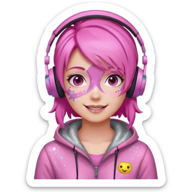 glitter pink gamer girl happy pink hair sticker