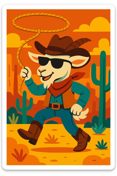 Add cool black sunglasses to the goat cowboy, keep the vibrant cartoon style. sticker