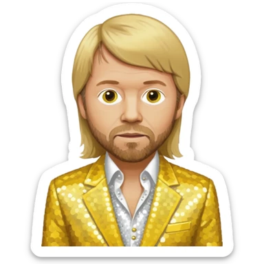 Björn Ulvaeus from ABBA with long dark blonde hair, yellow sequin shirt, white sequin suit jacket sticker