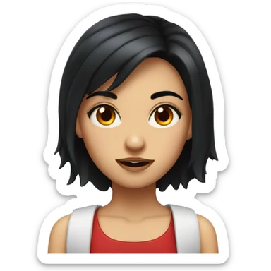 a girl with black hair and red eyes with wavey hair and mad sticker