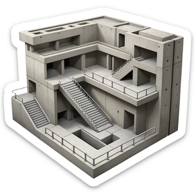Cutaway view showing underground structure. Concrete walls, rectangular station box, visible staircases going down, platform edges, smooth geometry. No people, no text. Apple-style design sticker