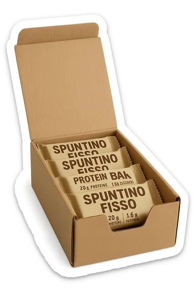 scatola aperta piena di barrette proteiche, con la scritta "SPUNTINO FISSO" SULLA CONFEZIONE in italiano,  realistici sticker