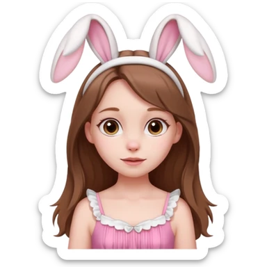 Create an emoji of a pretty pale-skinned girl with long brown hair wearing a pink dress and wearing white bunny ears  sticker