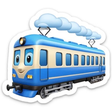 A 3D cartoon passenger train with blue carriages and visible windows, moving through countryside, Memoji-style. sticker