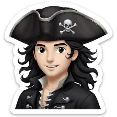 A charismatic pirate with wavy black hair tousled by the breeze. His silver-embroidered tricorn hat casts a shadow. Dark eyes glint with mischief as he looks to the side, a knowing smile on his lips. His black coat, adorned with silver buttons, shifts with the wind sticker