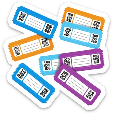 Create blank lottery coupons fanned out, clean and colorful, with different header colors and simple grid sections. No numbers, no text—just empty fields and a lottery-ticket layout. Bright, modern, and on a neutral background. sticker