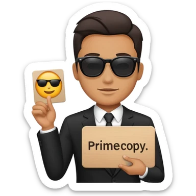 A man in a black suit and black sunglasses holds a sign that says PrimeCopy sticker