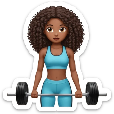 Uma boneca morena escura com olhos castanhos e cabelo cacheado longo até o peito, treinando Gym malhando sticker
