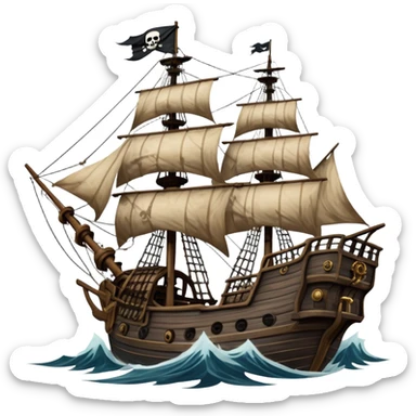 An icon representing an adventure game, inspired by high-seas exploration. The design features a fearless pirate gripping the wheel of a grand sailing ship, its tattered Jolly Roger flag billowing as it cuts through stormy waters. The scene evokes danger, treasure, and the thrill of the open sea. Transparent background. sticker