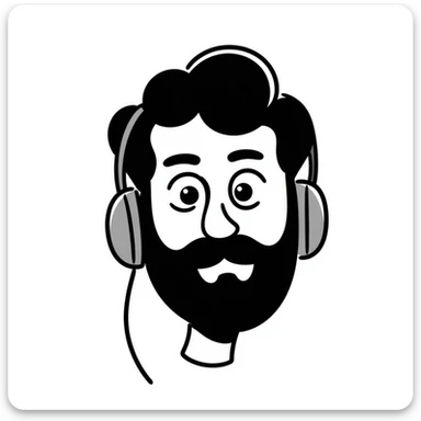 A person with black hair, brown eyes, a black beard, wearing a gaming headset sticker
