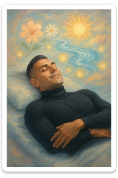 Un uomo sdraiato su un letto o una superficie fluttuante, con un'espressione serena e gli occhi chiusi. Attorno a lui, proiettate dalla sua mente, si materializzano immagini vivide di benessere e armonia: sticker