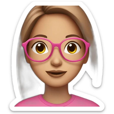 Graphic designer girl with long brown hair in pink glasses wearing pink sweatshirt with text NV Designe on it sticker