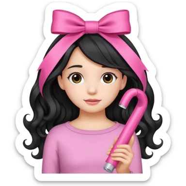 Girl with black wavy not so long hair and a ribbon hair clip make it look like wearing a pink tube sticker
