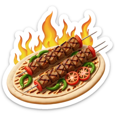 Adana kebab object icon, spicy grilled minced meat skewer, served on flatbread, grilled tomatoes and green peppers on the side, smoky char marks, juicy texture, 3D cartoon, mobile game icon style, centered, clean background, no text, no watermark
 sticker