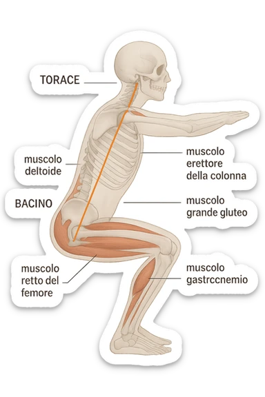 side view of a human figure performing a squat, with transparent overlays showing the skeletal structure. A straight line or highlighted axis connects the pelvis (bacino) and the ribcage (torace), demonstrating correct alignment. Key muscles involved in maintaining posture are labeled. Clean, educational style, white background. sticker