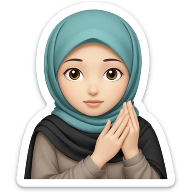 Hijabi girl sitting.     head covered
hands pulling the fabric in
shy-but-dramatic energy
“no cameras pls” but in a cute way
soft + mysterious vibe sticker