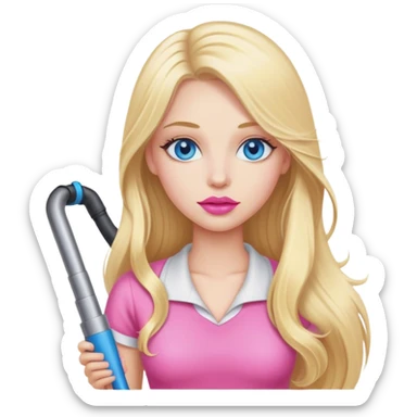 Cinematic realistic blonde with long hair, blue eyes and pink lips vacuums sticker