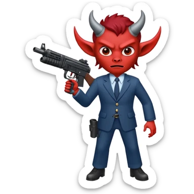 A Demon from hell that is dressed like a fbi agent with a machine gun, full body pointing the machine fun to the left. In the style of your be sticker