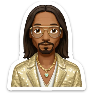 Snoop Dogg with long dark brown hair, ivory sequin jacket, black shirt with necklace sticker